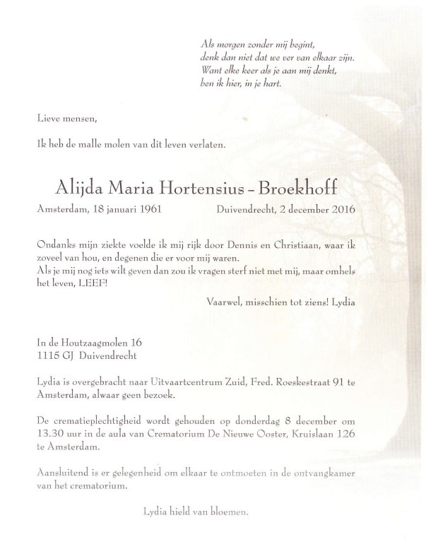 rouwkaart Lydia Hortensius-Broekhoff